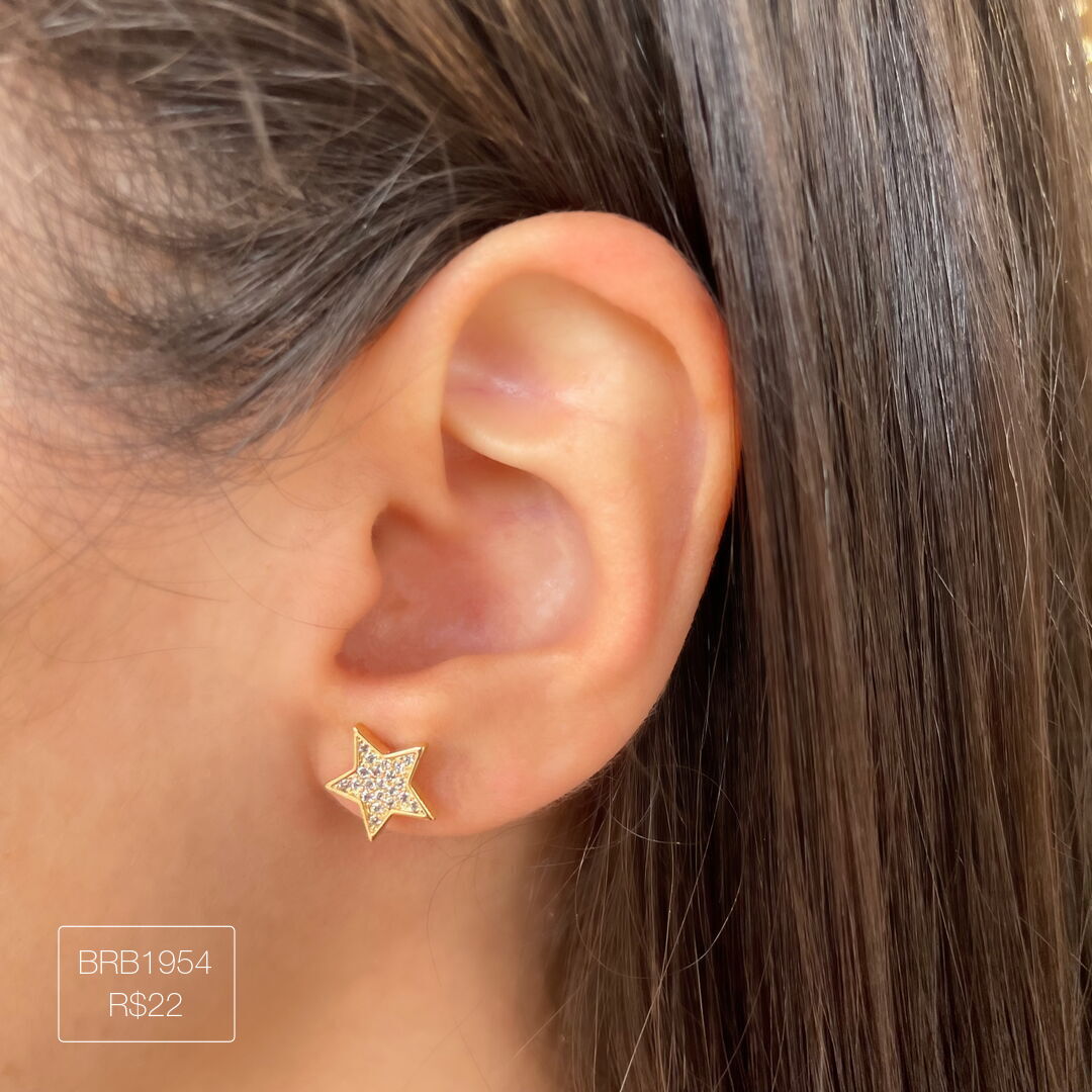 Brinco Delicado Estrela Cravejado Cristal Dourado